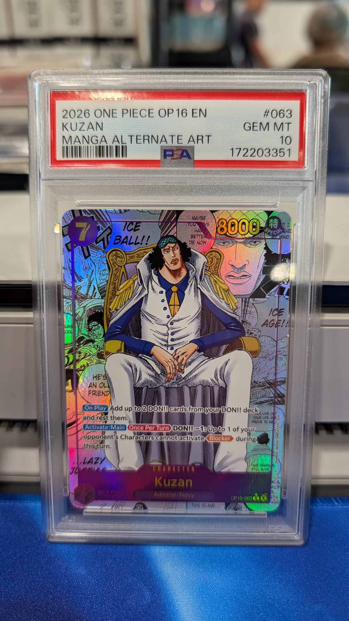 2026 ONE PIECE OP16-THE TIME OF BATTLE MANGA ALTERNATE ART #063 KUZAN PSA 10