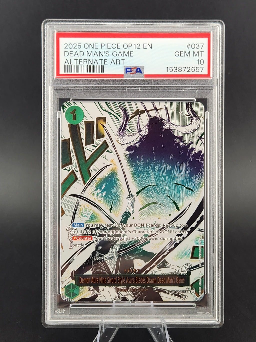 2025 One Piece Op12 Dead Man's Game #037 Alternate Art PSA 10